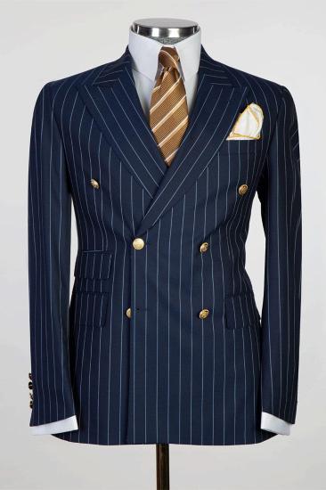 Navy Blue Slim Fit Double Breasted Pinstripe Mens Business Two Piece Suit