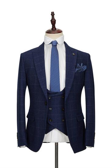 Classic Blue Plaid Peak Lapel Three Piece Men Suit With Double Breasted Waistcoat