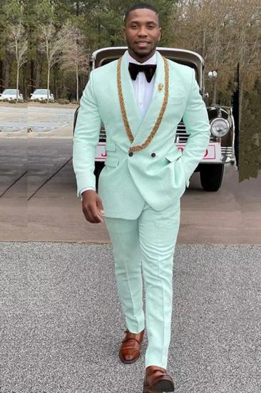 Conor Mint Green Fashion Shawl Lapel Double Breasted Wedding Set With Appliqués