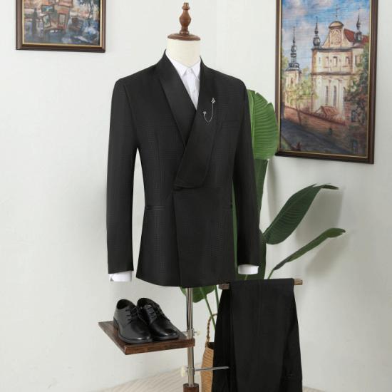 Black Shawl Lapel Double Breasted Wedding Men Suits_2