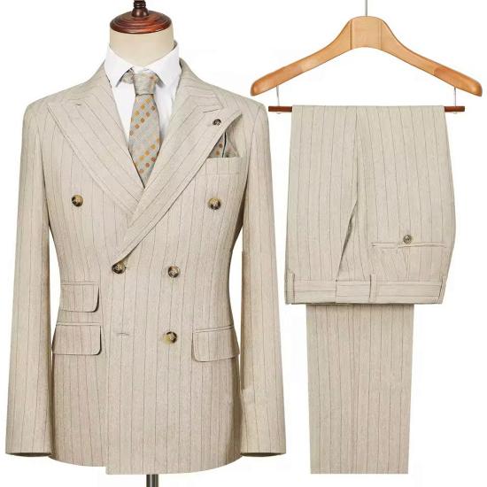 Champagne Pinstripe Double Breasted Business Suit with 3 Flapped Pockets_2