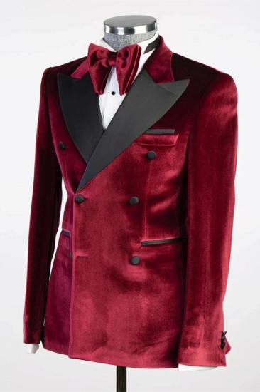Burgundy Peaked Lapel Double Breasted Velvet Two Pieces Prom Suits_2