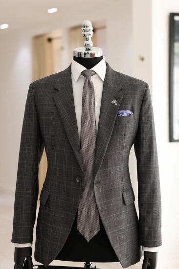 New Dark Gray Notched Lapel Plaid Two Pieces Business Suits_2