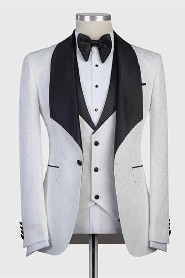 Paxton White Three Piece Jacquard Wedding Groom Suit With Black Shawl Lapel