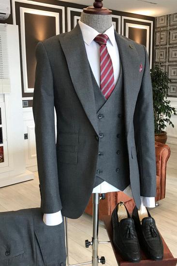 Adolph Gentle Dark Grey Wool Three Piece Point Lapel Business Men Suit_2
