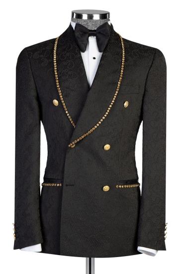 Gold Beadings Double Breasted Black Jacquard Men’s Suit