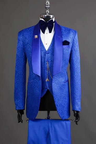 Royal Blue Shawl Lapel Three Pieces Jacquard Prom Suits_1