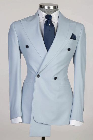 Slim Fit Sky Blue Peaked Lapel Double Breasted Two Piece Prom Suit_1