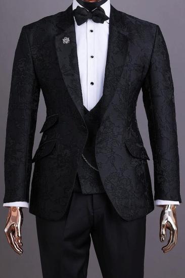 Modern Black Jacquard Men's Wedding Three Piece Suit