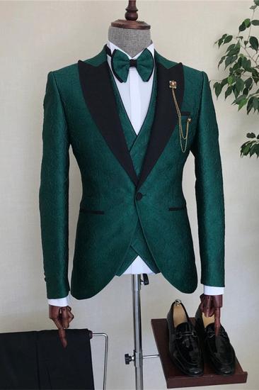 Dark Green Three Pieces Jacquad Peaked Lapel Men Suit_1