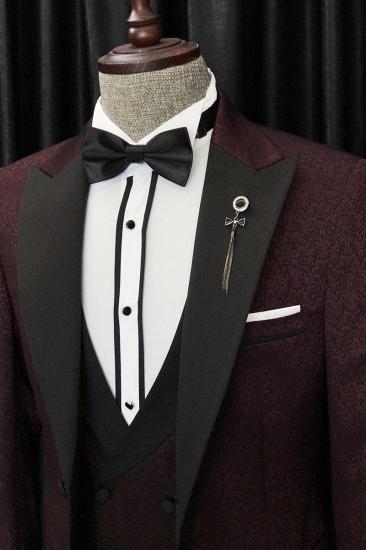 Barry Modern Burgundy Third Piece Jacquard Lapel Men Wedding Suit_2