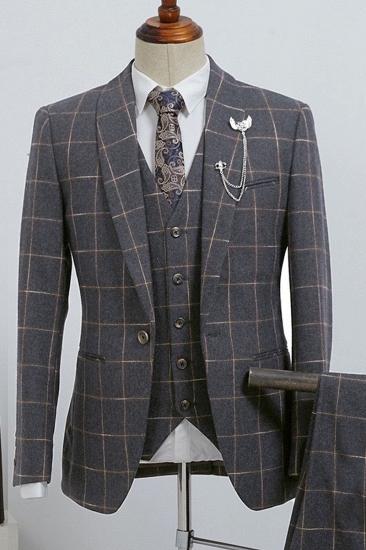 Barlow Stylish Dark Grey Plaid Three Piece Slim Fit Custom Business Suit_2