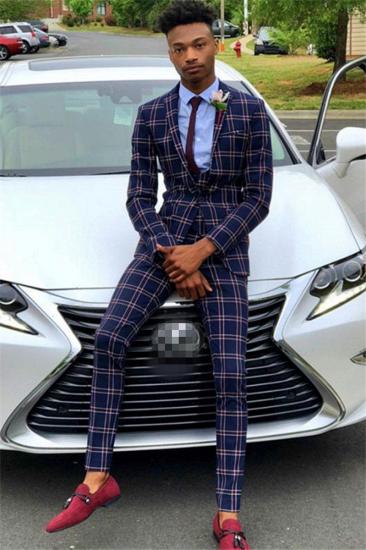 Dark Navy Business Men Suit | Men Custom Plaid Prom Suit