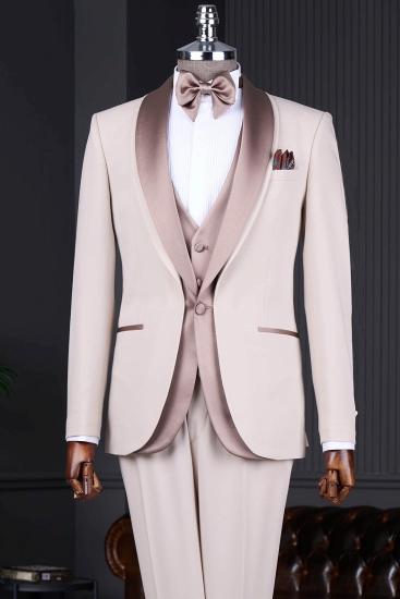 Benedict Beige Three Pieces Wedding Suits With Shawl Lapel_1