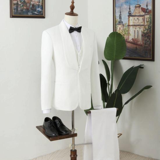 Genlteman Simple White Plaid Shawl Lapel Three Pieces Wedding Men Suits_2